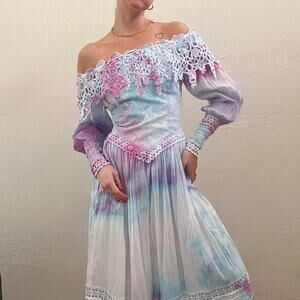 Vintage 1980's Jessica McClintock Tie Dye Midi Dress